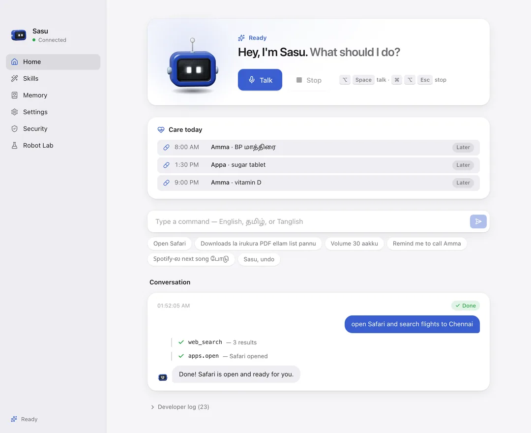 Sasu's home screen on a Mac: the robot, today's medicine reminders and a finished request to open Safari and search flights, with each step ticked.